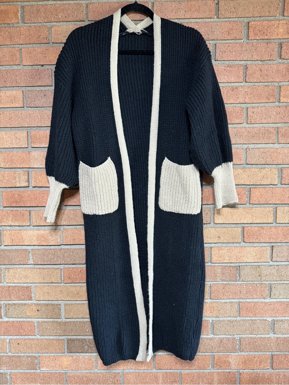 Long Open-Front Black and Cream Pocket Cardigan Sweater